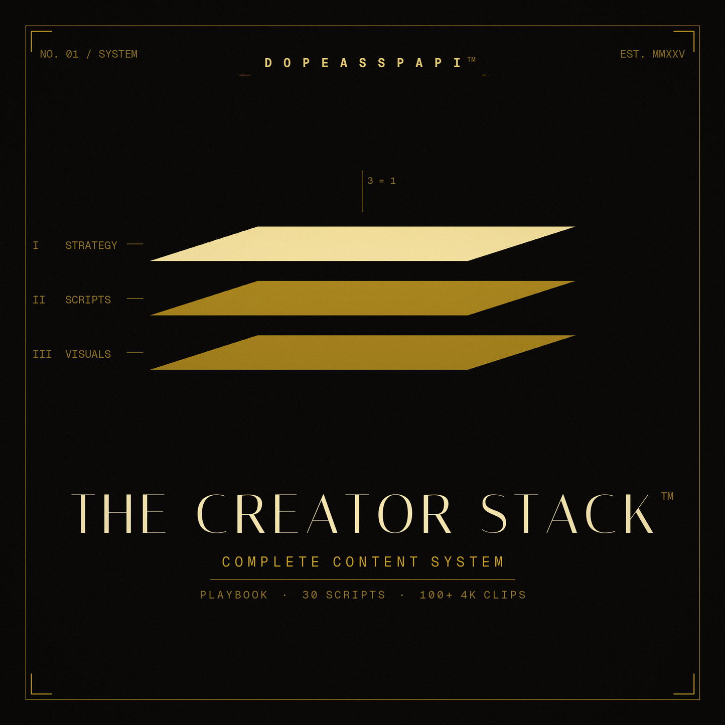 The Creator Stack™ digital bundle cover — black and gold, playbook, 30 scripts, 100+ 4K clips