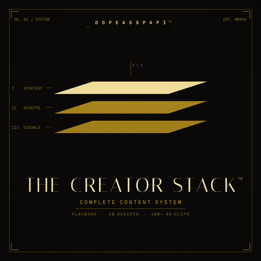 The Creator Stack™ digital bundle cover — black and gold, playbook, 30 scripts, 100+ 4K clips