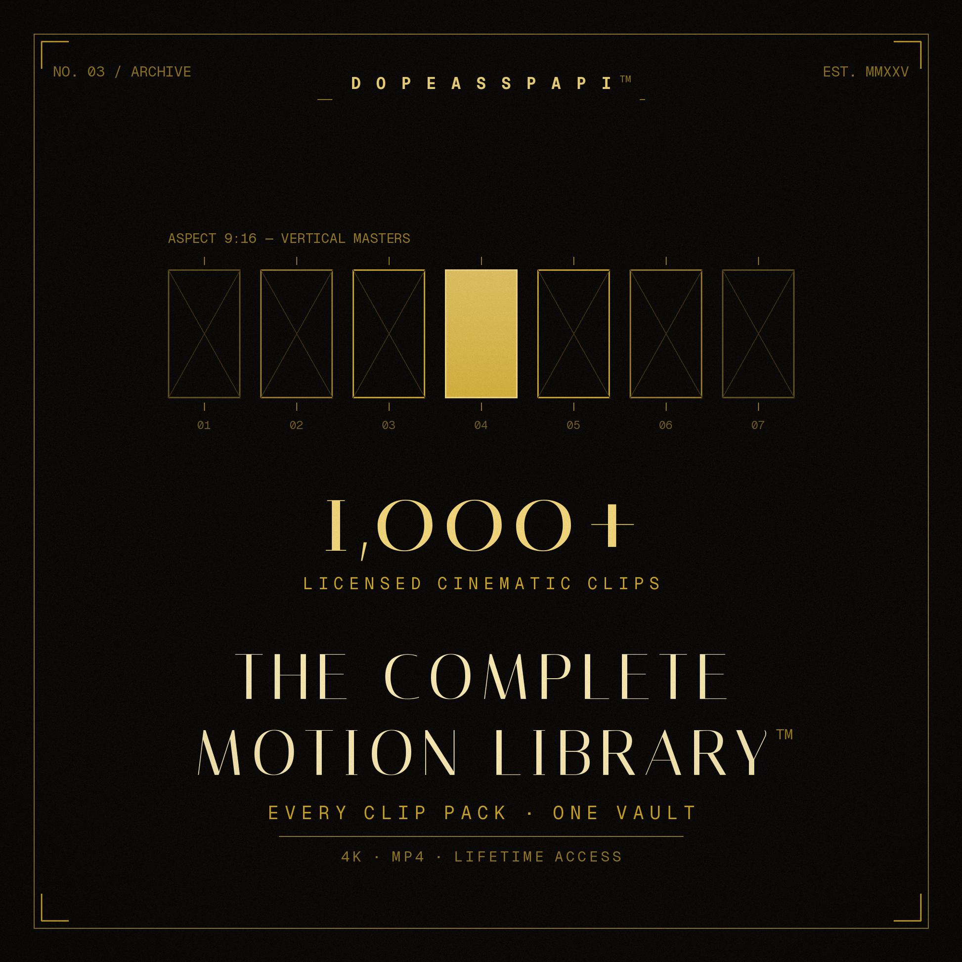 The Complete Motion Library™ cover — gold film frames and 1,000+ licensed cinematic clips