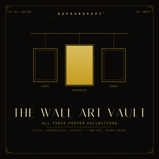 The Complete Wall Art Vault cover — three gold gallery frames, Faith, Principles and Legacy poster packs